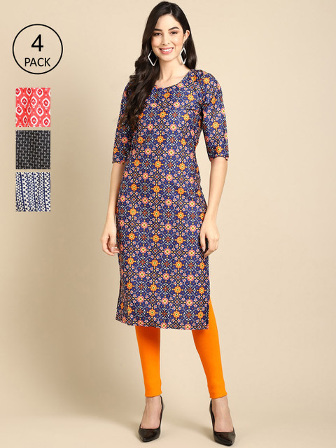 

Ethnic basket Women Pack of 4 Ethnic Motifs Printed Crepe Kurta, Navy blue