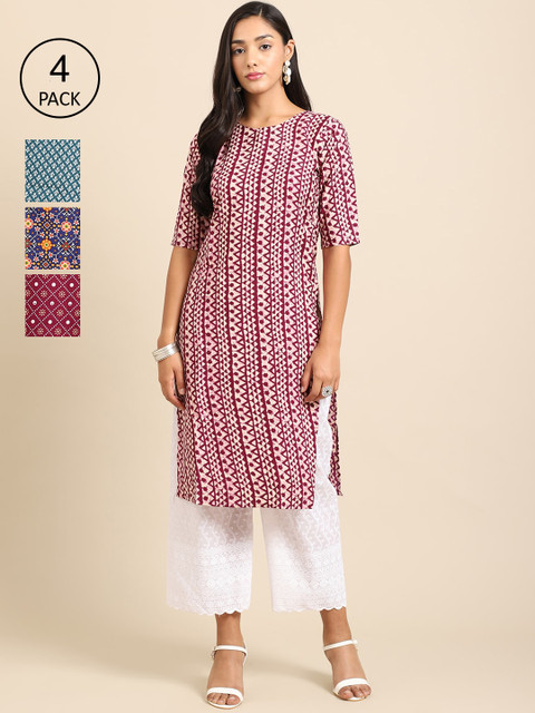 

Ethnic Basket Pack Of 4 Women Printed Crepe Kurta, Maroon