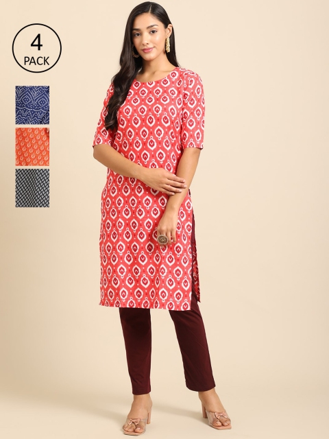 

Ethnic basket Women Pack Of 4 Printed Crepe Straight Kurta, Red