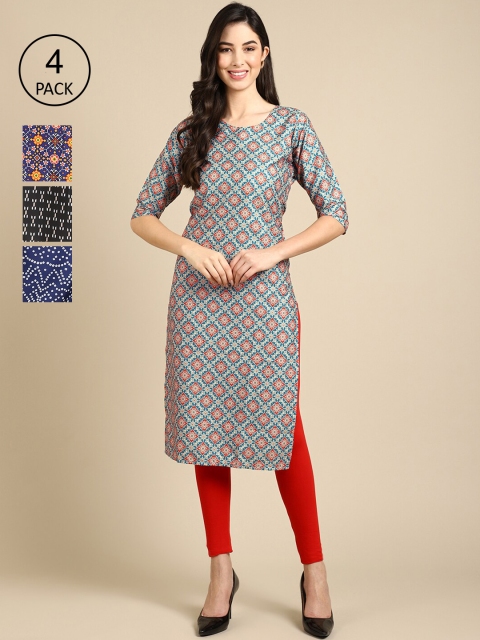 

Ethnic basket Pack Of 4 Women Printed Straight Crepe Kurta, Black