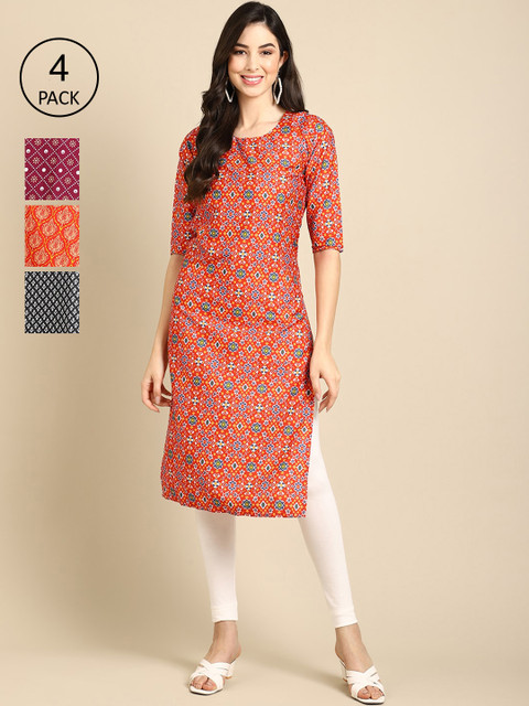 

Ethnic basket Women Pack Of 4 Ethnic Motifs Printed Crepe Kurta, Maroon