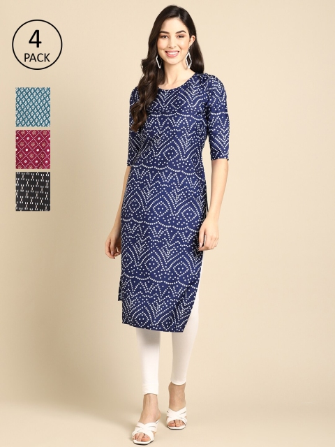 

Ethnic basket Women Pack Of 4 Ethnic Motifs Printed Crepe Kurta, Blue