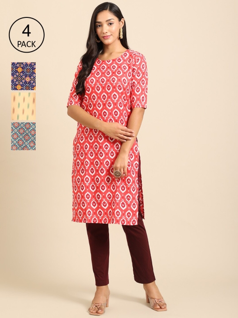 

Ethnic basket Women Pink & Blue Ethnic Motifs Printed Block Print Crepe Kurta