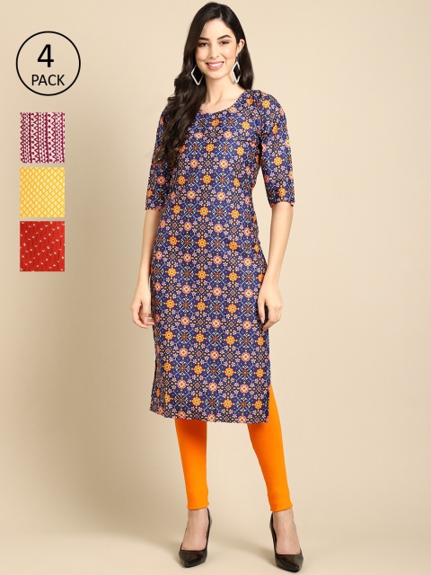 

Ethnic basket Women Pack of 4 Block Print Crepe Kurta, Blue