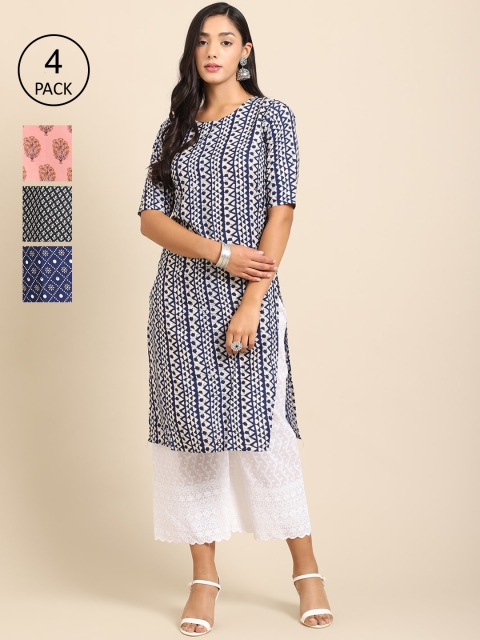 

Ethnic basket Women Pack of 4 White & Pink Geometric Printed Crepe Kurta