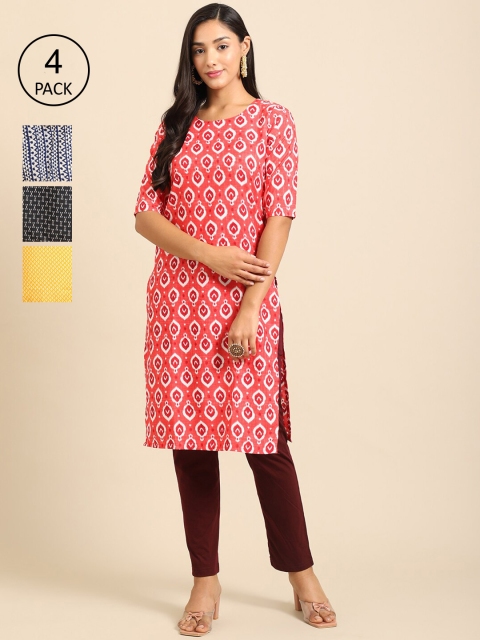 

Ethnic basket Women Pack Of 4 Floral Printed Crepe Straight Kurta, Yellow