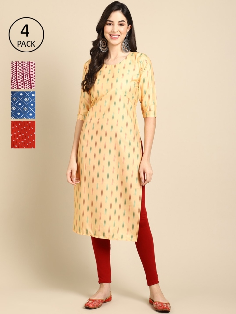 

Ethnic basket Women Pack of 4 Printed Crepe Kurtas, Cream