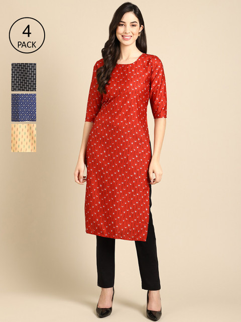 

Ethnic basket Women Pack of 4 Geometric Striped Crepe Straight Kurta, Red