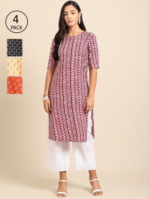 

Ethnic basket Women Pack of 4 Maroon & Black Ethnic Motifs Printed Crepe Kurta