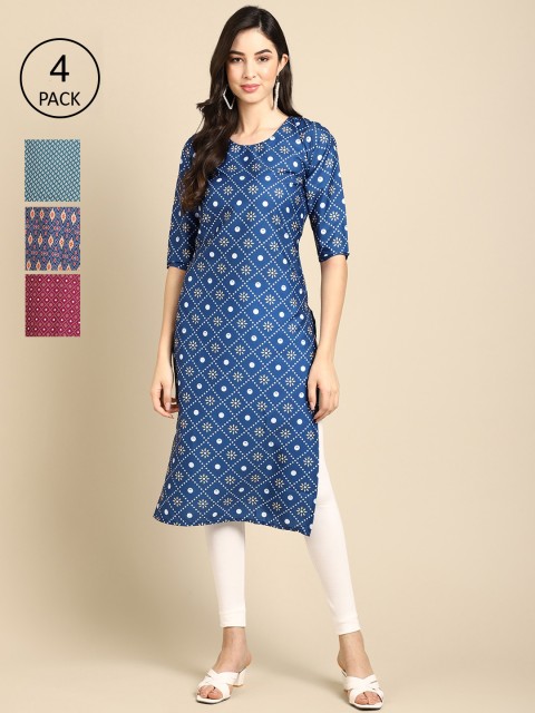 

Ethnic basket Women Navy Blue & Maroon Geometric Striped Block Print Crepe Kurta