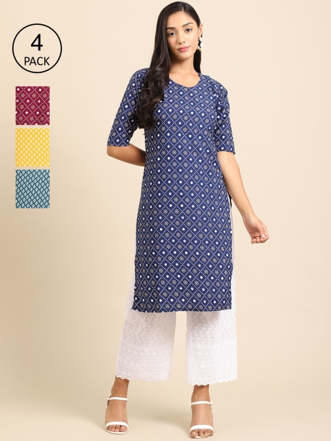 

Ethnic basket Women Pack of 4 Ethnic Motifs Printed Crepe Kurta, Blue