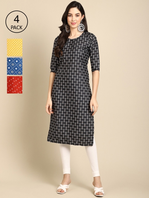 

Ethnic Basket Pack Of 4 Women Printed Crepe Kurta, Black