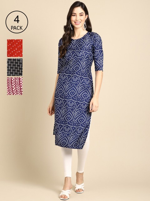 

Ethnic basket Women Set Of 4 Blue & Red Floral Printed Crepe Kurta