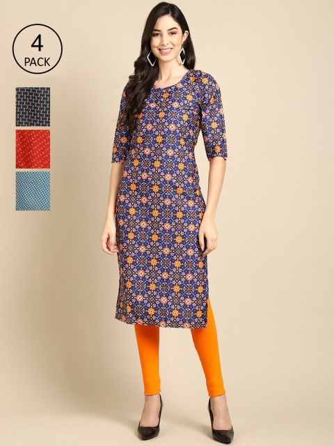 

Ethnic basket Women Pack of 4 Blue & Red Geometric Printed Crepe Kurta
