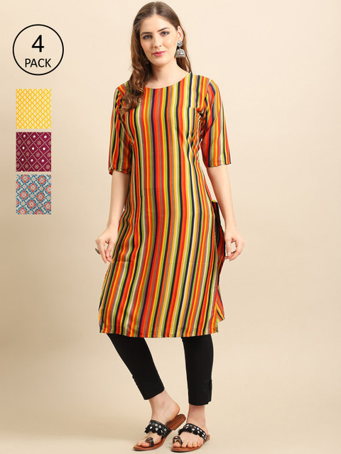 

Ethnic basket Women Pack Of 4 Floral Printed Crepe Straight Kurta, Yellow