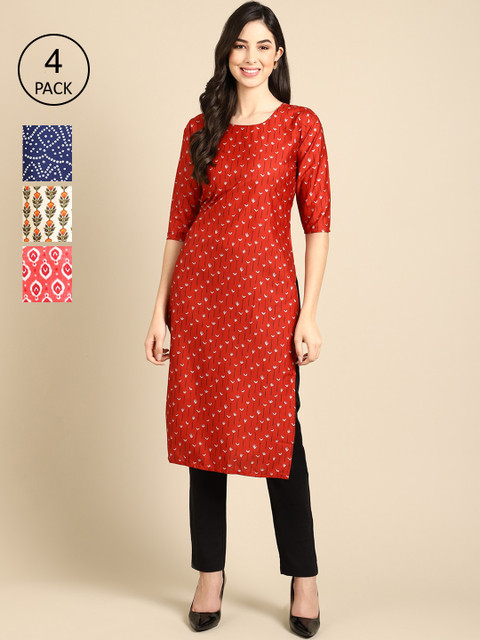 

Ethnic basket Women Pack Of 4 Block Print Crepe Kurta, Red