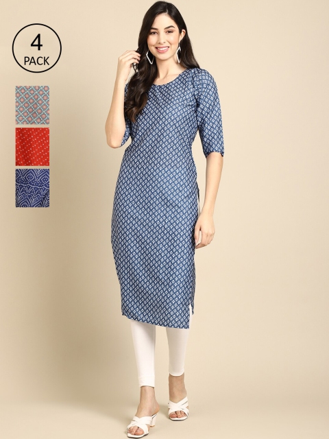 

Ethnic basket Pack of 4 Women Ethnic Motifs Printed Block Print Crepe Kurta, Blue