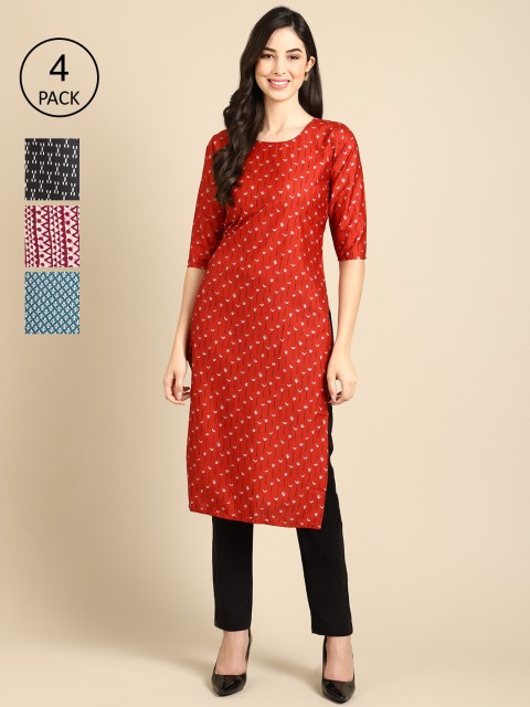 

Ethnic basket Women Pack of 4 Block Print Crepe Kurta, Red