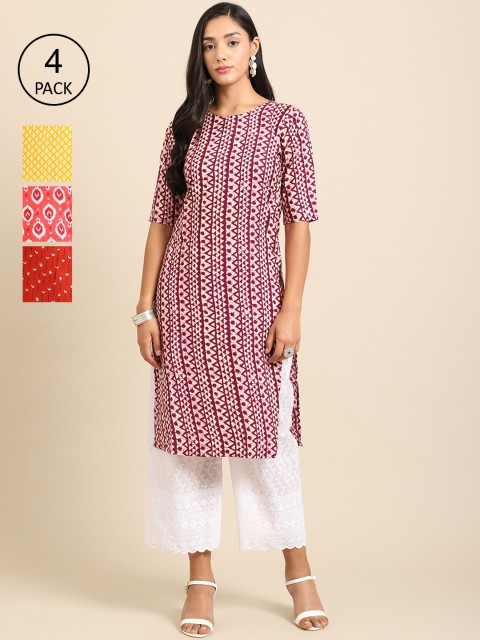 

Ethnic basket Women Pack Of 4 Printed Crepe Straight Kurta, Red