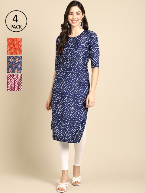 

Ethnic basket Women Pack Of 4 Blue & Orange Ethnic Motifs Printed Crepe Kurta