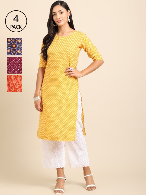 

Ethnic basket Women Pack Of 4 Ethnic Motifs Printed Crepe Kurta, Yellow