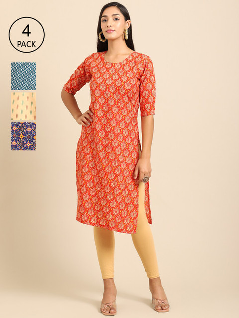 

Ethnic basket Women Pack of 4 Orange & Yellow Ethnic Motifs Printed Crepe Kurta