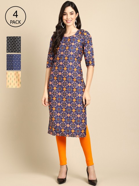 

Ethnic basket Women Multicoloured Geometric Printed Thread Work Block Print Crepe Kurta, Multi