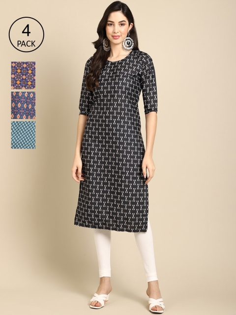 

Ethnic basket Women Black & Teal Geometric Printed Keyhole Neck Block Print Crepe Kurta