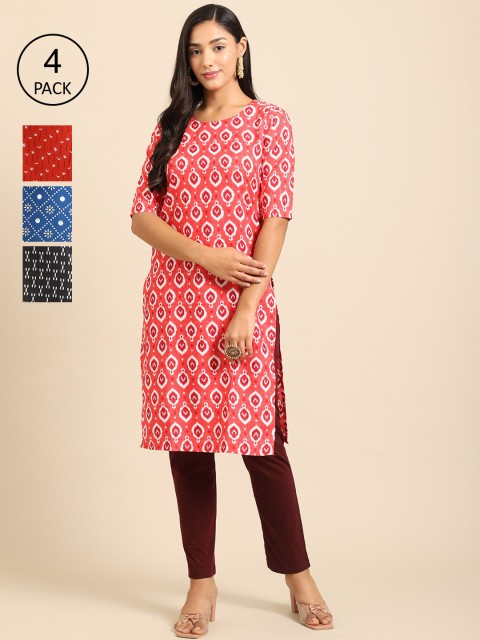 

Ethnic basket Women Multicoloured Geometric Checked Keyhole Neck Block Print Crepe Kurta, Multi