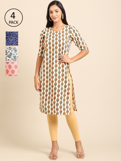 

Ethnic Basket Pack Of 4 Women Printed Crepe Kurta, Beige