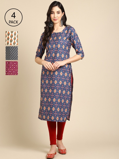 

Ethnic basket Women Set Of 4 Blue & Violet Floral Printed Crepe Kurta