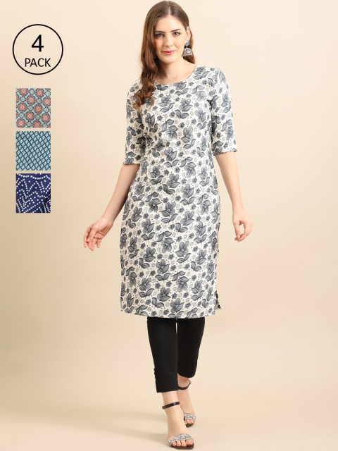 

Ethnic basket Women Pack of 4 White & Green Floral Printed Crepe Kurta