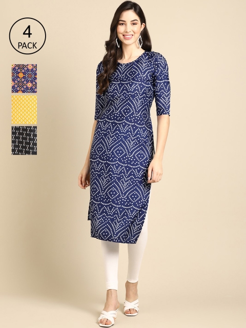 

Ethnic basket Women Blue & Yellow Pack Of 4 Floral Printed Block Print Crepe Kurta