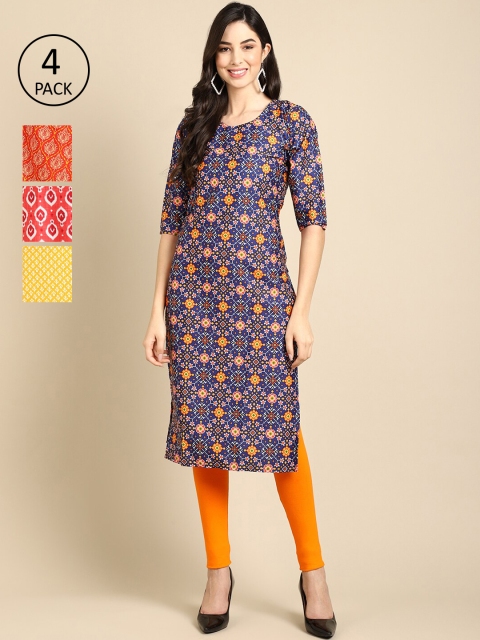 

Ethnic basket Women Pack of 4 Printed Crepe Kurtas, Navy blue