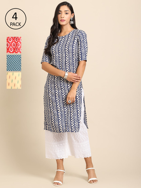 

Ethnic basket Women Pack of 4 Geometric Printed Crepe Straight Kurta, Blue