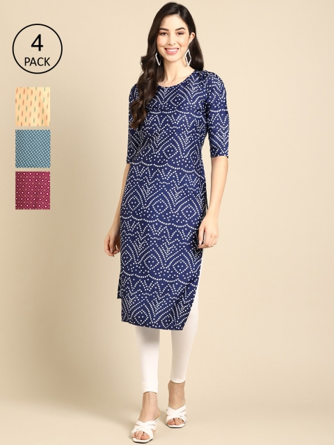 

Ethnic basket Women Pack of 4 Ethnic Motifs Printed Crepe Kurta, Blue
