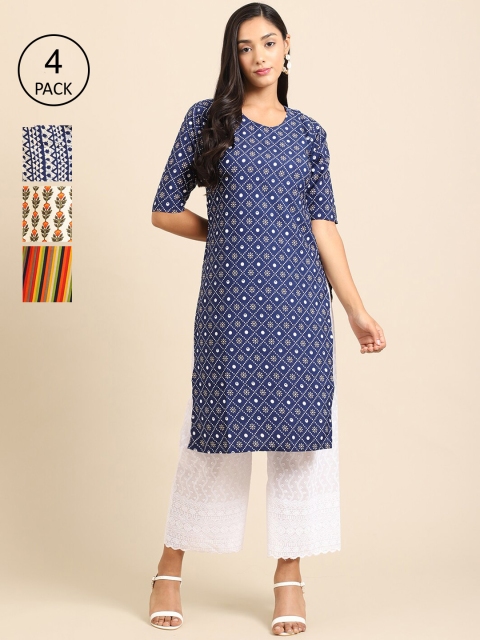 

Ethnic basket Women Pack Of 4 Ethnic Motifs Printed Crepe Kurta, Blue