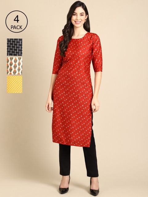 

Ethnic basket Women Red & Yellow Floral Printed Crepe Kurta