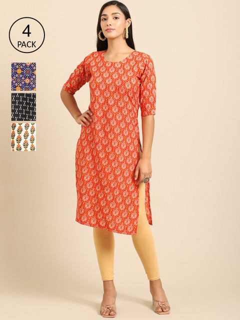 

Ethnic basket Women Set Of 4 Orange & Blue Ethnic Motifs Printed Crepe Kurta