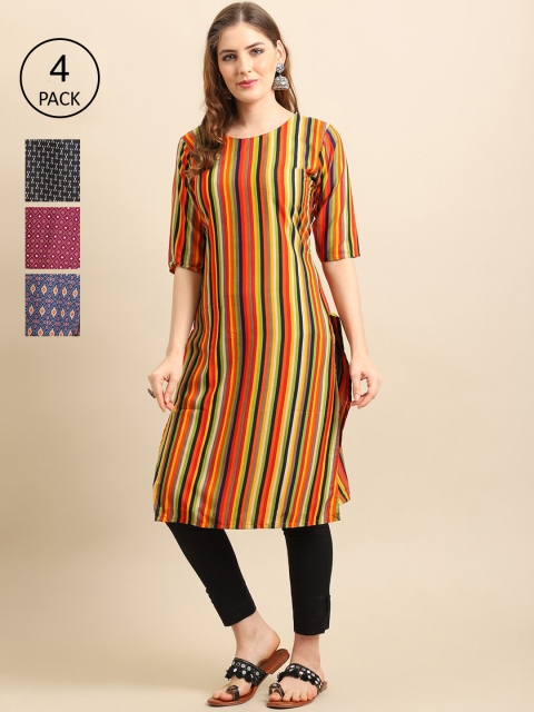 

Ethnic basket Women Pack Of 4 Geometric Printed Crepe Straight Kurta, Orange