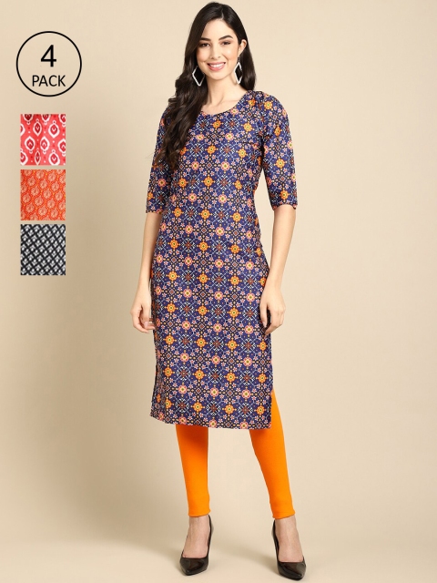 

Ethnic basket Women Pack Of 4 Floral Printed Crepe Straight Kurta, Orange