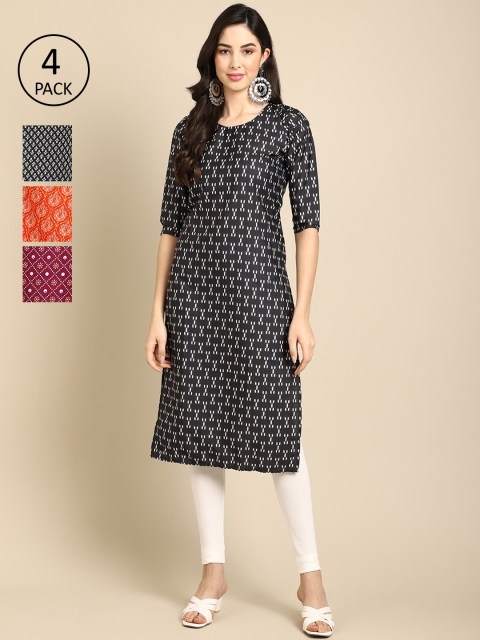 

Ethnic basket Women Pack of 4 Printed Crepe Kurtas, Black