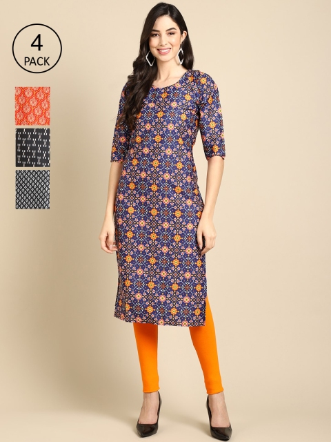 

Ethnic basket Women Pack of 4 Floral Printed Crepe Straight Kurta, Black