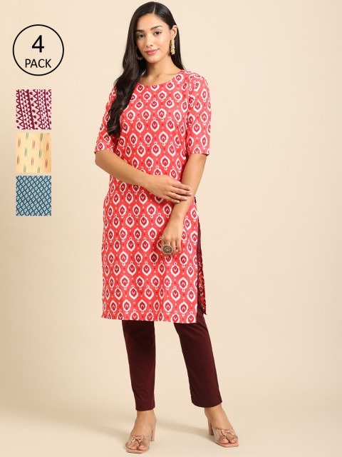 

Ethnic basket Women Pack Of 4 Ethnic Motifs Printed Crepe Kurta, Coral