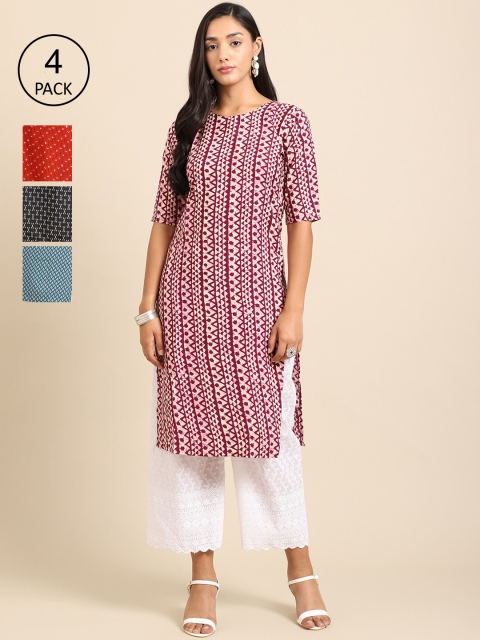 

Ethnic basket Women Pack of 4 Ethnic Motifs Printed Crepe Kurta, Red