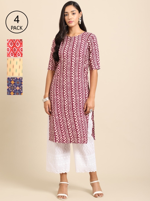 

Ethnic basket Women Pack Of 4 Geometric Printed Crepe Kurta, Maroon