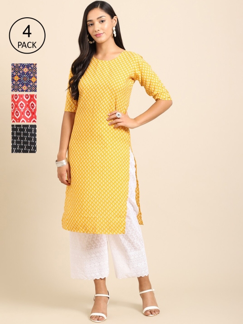 

Ethnic Basket Pack Of 4 Women Printed Crepe Kurta, Yellow