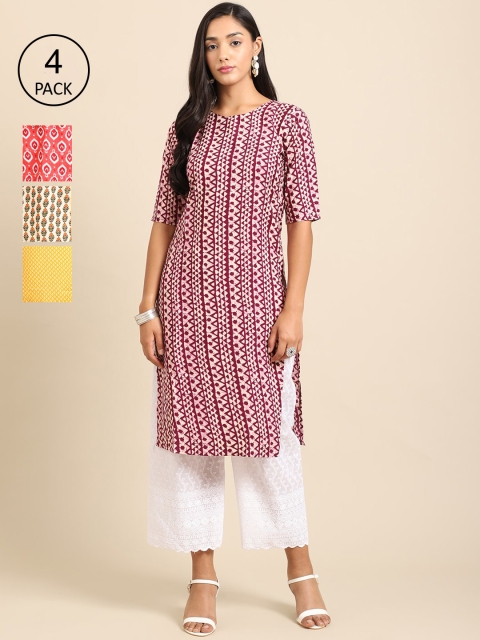 

Ethnic basket Women Set Of 4 Peach-Coloured & Yellow Ethnic Motifs Printed Crepe Kurta