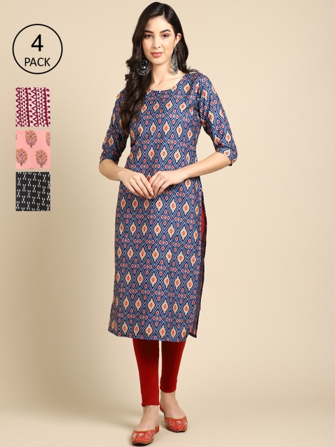 

Ethnic basket Women Pack of 4 Blue & Red Ethnic Motifs Printed Crepe Kurta