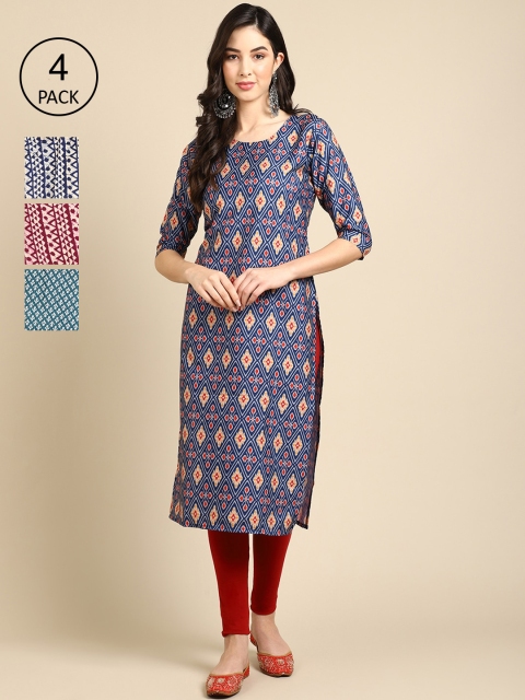 

Ethnic basket Women Pack of 4 Blue & Green Geometric Printed Crepe Kurta